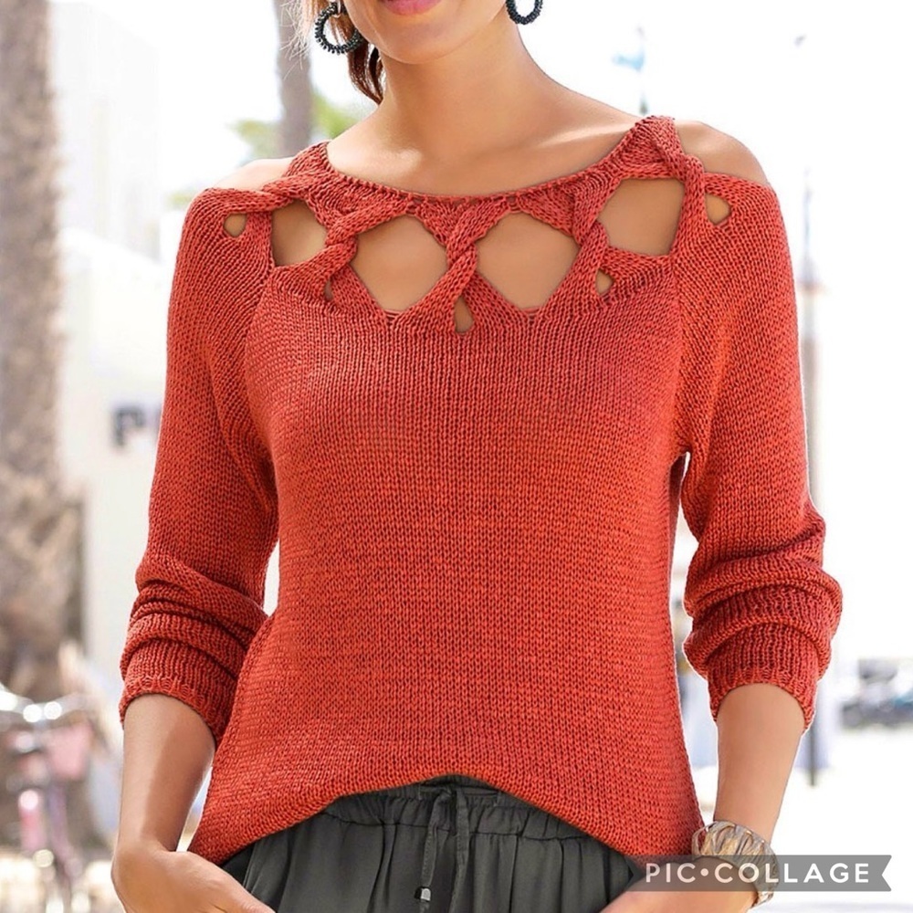 Lascana Sweater Rust Cutout Knit S NWT Lunch Brunch Party